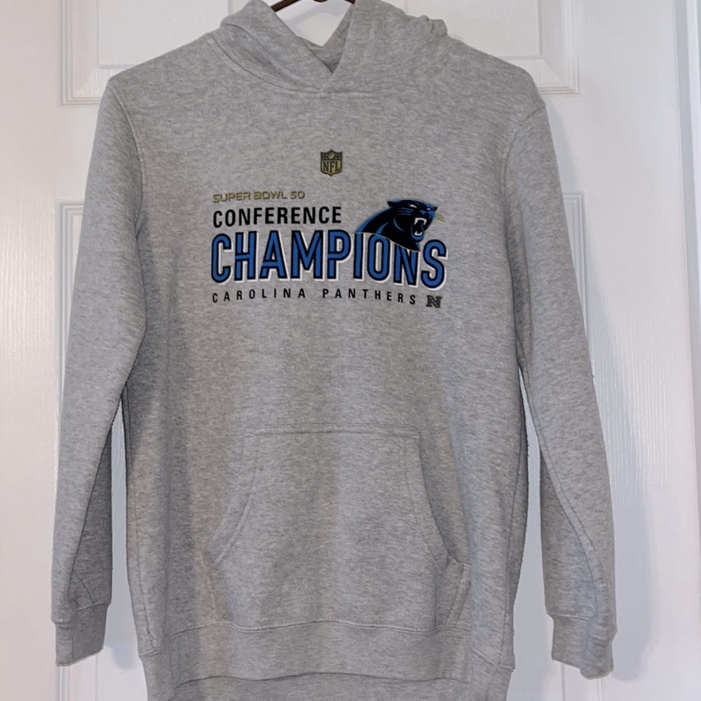 Youth Carolina Panthers SuperBowl 50 Conference Champs hoodie, gray, sz 14/16